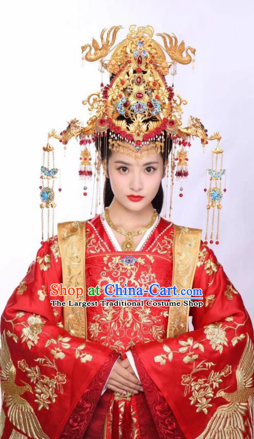 Chinese Ancient Apparels Wedding Garment and Phoenix Coronet Wuxia Drama The King of Blaze Princess Li Ying Red Dress Costumes