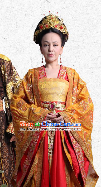 Chinese Ancient Palace Queen Garment Costumes and Phoenix Coronet Drama The World of Love Empress Golden Hanfu Dress