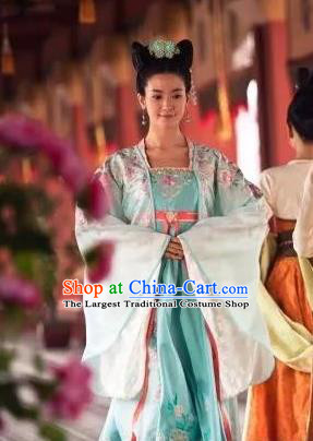Chinese Ancient Princess Consort Blue Garment Costumes and Hairpins Drama The World of Love Rani Yuan Yuezheng Hanfu Dress