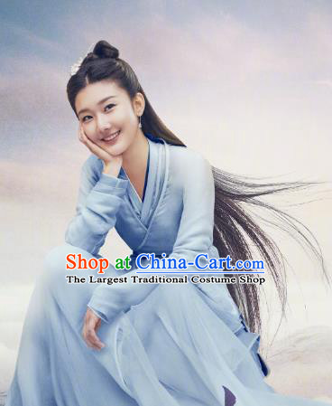 Chinese Ancient Immortal Blue Dress Costumes Drama Eternal Love of Dream Goddess Cheng Yu Garment and Headwear