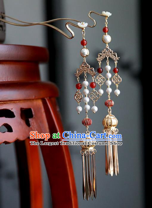 Chinese Ancient Golden Lantern Hairpin Jewelry Headwear Hair Accessories Ming Dynasty Hanfu Tassel Hair Clip for Women