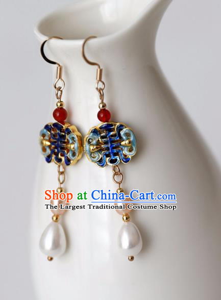 Chinese Ancient Hanfu Cloisonne Earrings Women Jewelry Ming Dynasty Pearls Ear Accessories