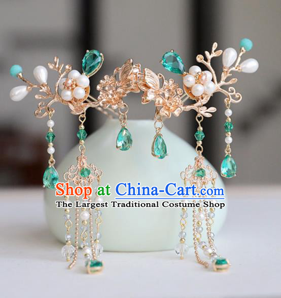 Chinese Ancient Green Crystal Butterfly Hair Clips Headwear Women Hair Accessories Ming Dynasty Pearls Golden Tassel Hairpin