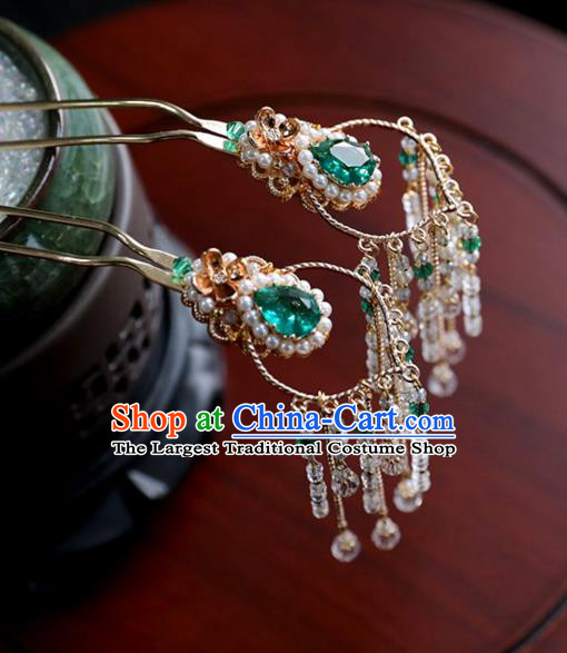 Chinese Ancient Princess Green Hair Clips Ming Dynasty Headwear Women Hair Accessories Tassel Hairpins