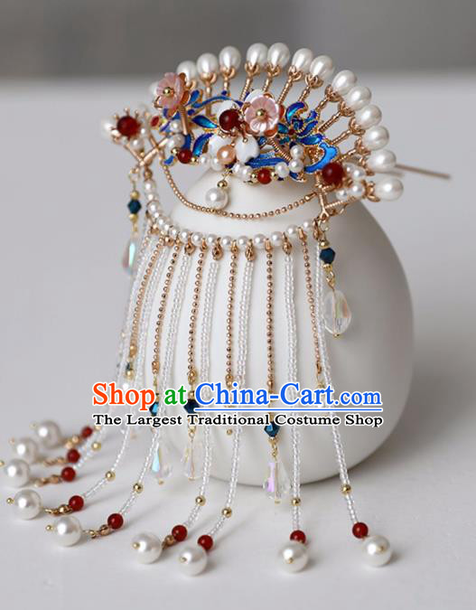 Chinese Ancient Pearls Tassel Hairpin Headwear Women Hair Accessories Ming Dynasty Court Cloisonne Hair Clip