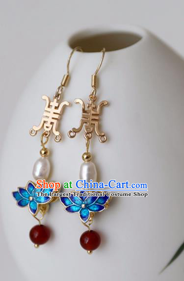 Chinese Ancient Hanfu Cloisonne Lotus Earrings Women Jewelry Ming Dynasty Pearl Ear Accessories