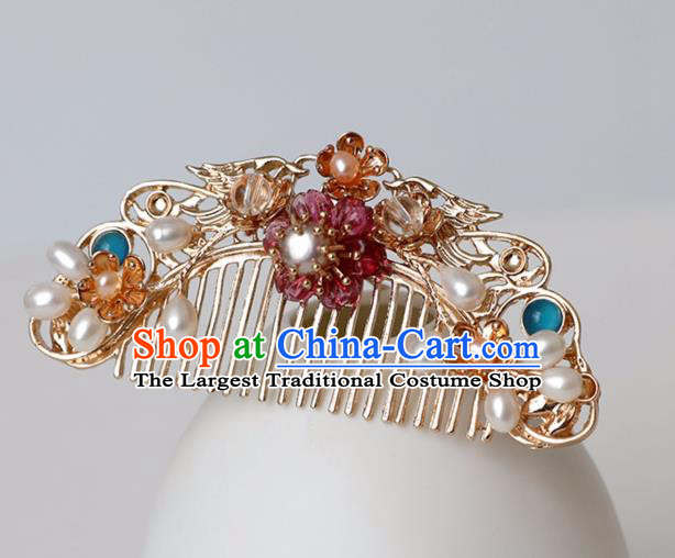 Chinese Ancient Hanfu Golden Hair Comb Hairpin Women Hair Accessories Tang Dynasty Pearls Headwear