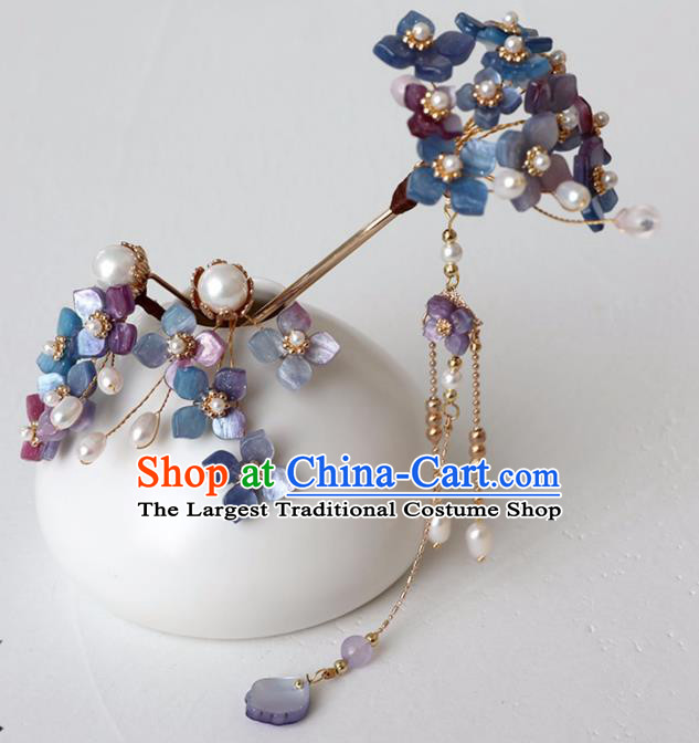 Chinese Ancient Ming Dynasty Purple Flowers Hairpin Headwear Women Hair Accessories Tassel Hair Clip