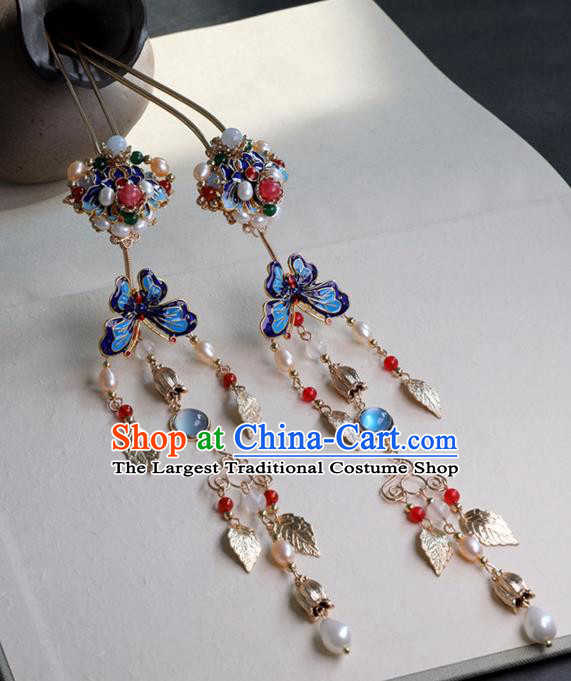Chinese Ancient Cloisonne Butterfly Hairpin Headwear Women Hair Accessories Ming Dynasty Court Pearls Tassel Hair Clip