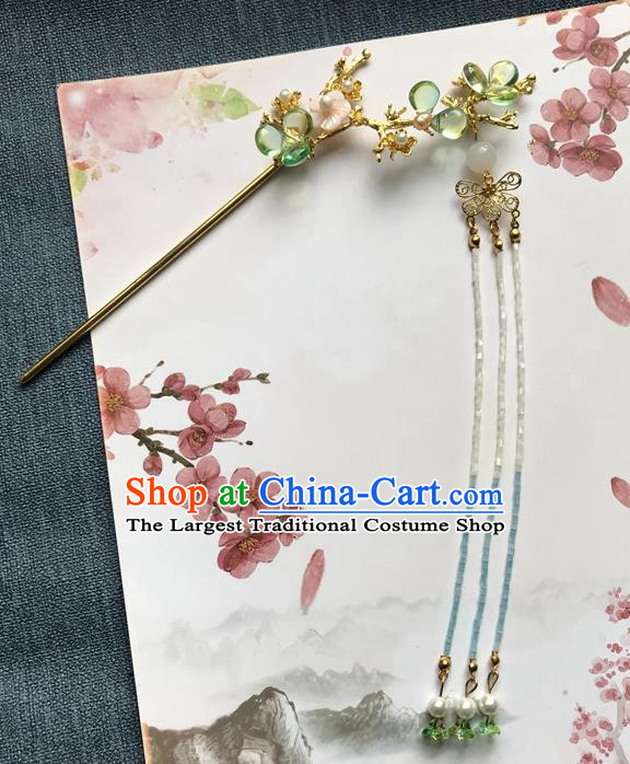 Chinese Ancient Women Green Tassel Hair Clip Handmade Golden Hairpin Headwear Hanfu Hair Accessories