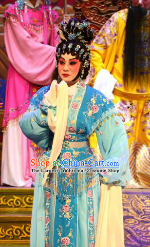 Chinese Cantonese Opera Diva Blue Dress Apparel Princess Chang Ping Peking Opera Hua Tan Garment Imperial Concubine Costumes and Headwear