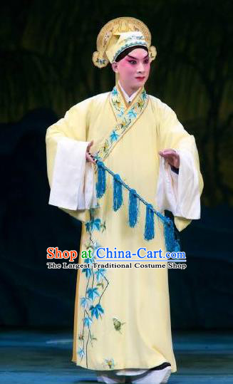 Chinese Beijing Opera Garment Butterfly Fairy Tale Apparels Xiaosheng Costumes Young Men Zhu Yingtai Yellow Robe and Hat