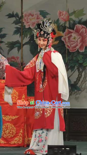 Traditional Chinese Peking Opera Rich Lady Dress Garment Costumes Apparels Lv Bu and Diao Chan Hua Tan Red Cape and Headdress