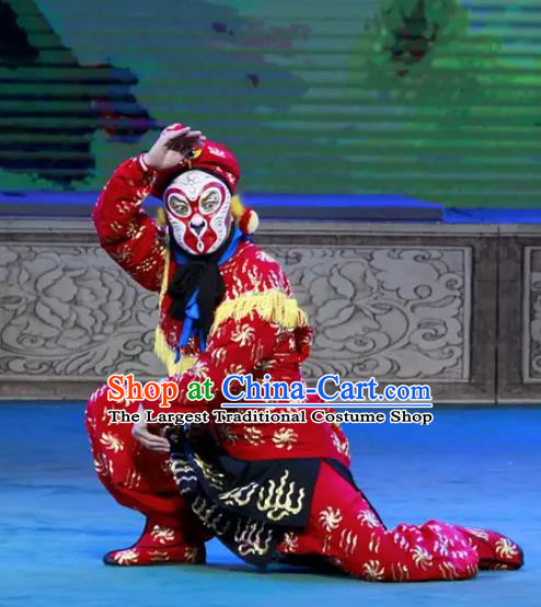 Chinese Peking Opera Martial Male Havoc In Heaven Costumes Apparels Wusheng Monkey Soldier Red Garment and Headwear