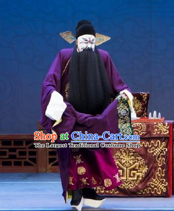 Chinese Peking Opera Official Yan Song Apparels Costumes Four Scholars Lao Sheng Elderly Men Garment Purple Robe and Hat Complete Set