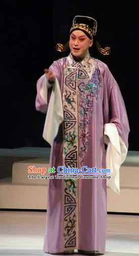 Chinese Peking Opera Scholar Purple Costumes Kun Opera The Fragrant Companion Young Men Niche Apparels Garment Embroidered Robe and Hat