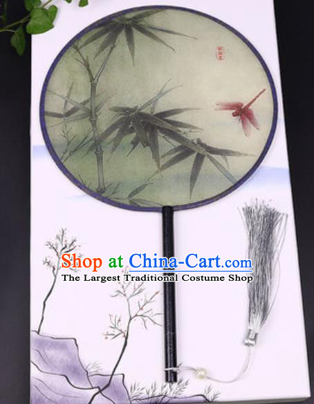 Chinese Traditional Printing Bamboo Dragonfly Round Fans Handmade Classical Dance Ebony Palace Fan for Women