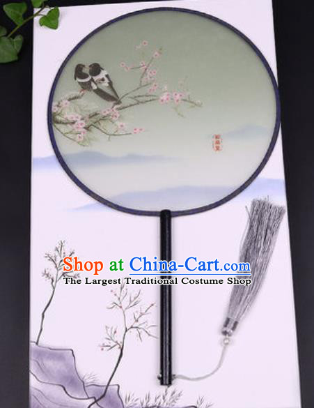 Chinese Traditional Printing Plum Birds Round Fans Handmade Classical Dance Ebony Palace Fan for Women