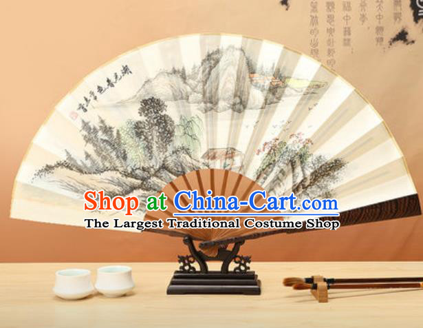 Chinese Traditional Ink Painting Lake View Wenge Fans Handmade Accordion Classical Dance Paper Folding Fan