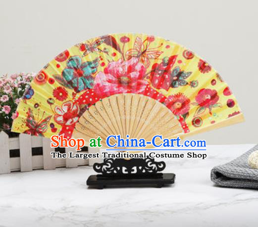 Chinese Traditional Printing Butterfly Flowers Yellow Silk Fan Classical Dance Accordion Fans Folding Fan