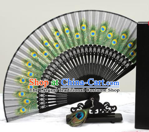 Chinese Traditional Printing Peacock Feather Grey Silk Fan Classical Dance Accordion Fans Folding Fan