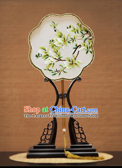 Handmade Chinese Embroidered Green Mangnolia Silk Fans Traditional Classical Dance Palace Fan for Women
