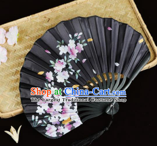 Handmade Chinese Printing Sakura Black Satin Fan Traditional Classical Dance Accordion Fans Folding Fan