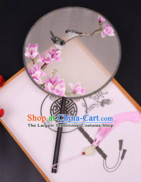 Handmade Chinese Embroidered Pink Mangnolia Silk Fans Traditional Classical Dance Palace Fan for Women