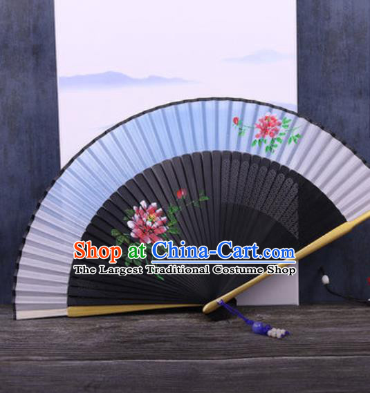 Chinese Traditional Hand Painting Peony Blue Silk Fan Classical Dance Accordion Fans Folding Fan