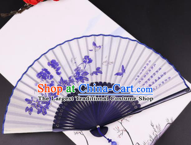 Chinese Traditional Painting Peony Blue Bamboo Fan Classical Dance Accordion Silk Fans Folding Fan