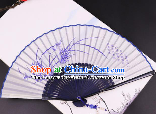 Chinese Traditional Painting Orchids Blue Bamboo Fan Classical Dance Accordion Silk Fans Folding Fan