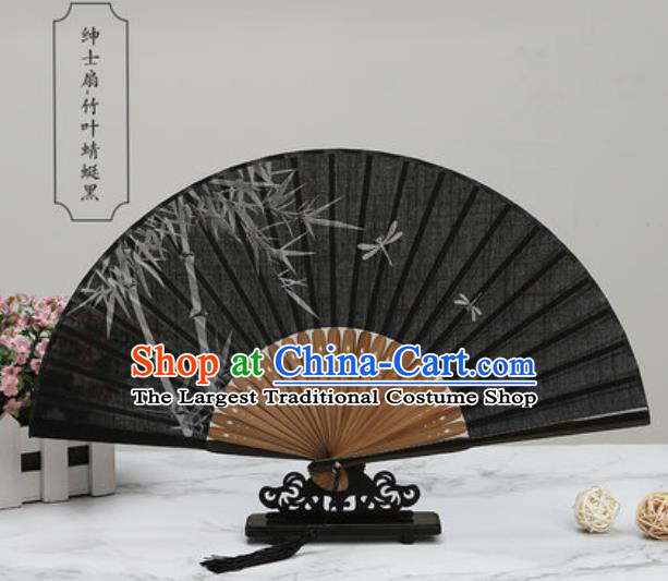 Chinese Traditional Printing Bamboo Black Silk Fan Classical Dance Accordion Fans Folding Fan