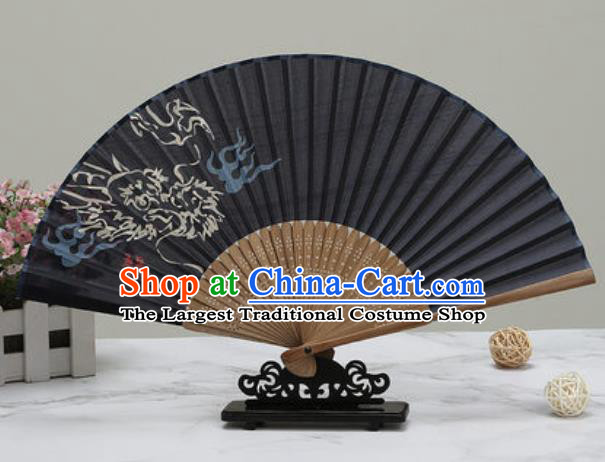 Chinese Traditional Printing Cloud Dragon Black Silk Fan Classical Dance Accordion Fans Folding Fan