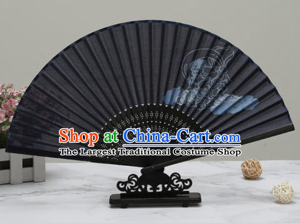 Chinese Traditional Printing Peony Black Silk Fan Classical Dance Accordion Fans Folding Fan
