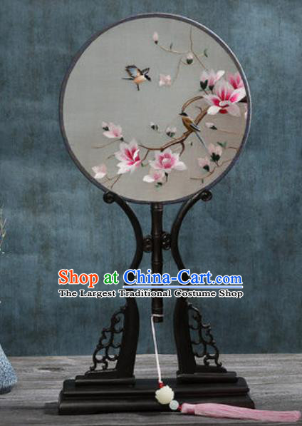 Handmade Chinese Embroidered Bird Mangnolia Ebony Silk Fans Traditional Classical Dance Palace Fan for Women