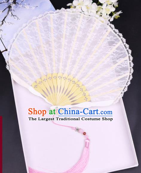 Handmade Chinese White Lace Fan Traditional Classical Dance Accordion Fans Folding Fan