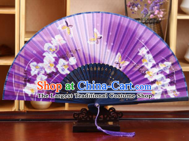 Handmade Chinese Printing Butterfly Purple Silk Fan Traditional Classical Dance Accordion Fans Folding Fan