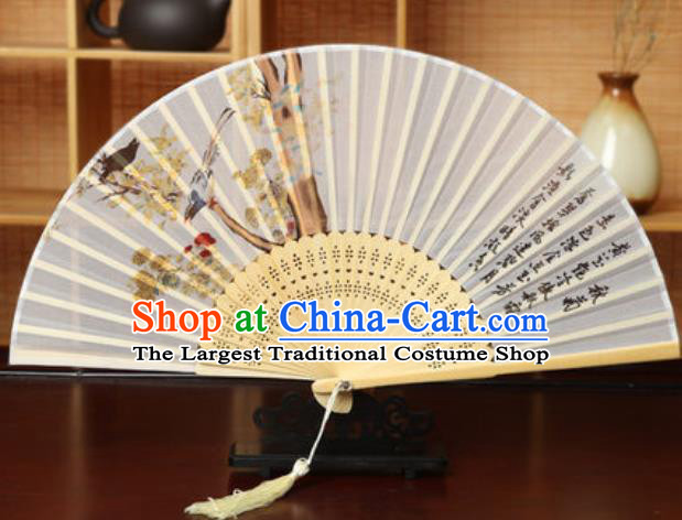 Handmade Chinese Printing Chrysanthemum White Silk Fan Traditional Classical Dance Accordion Fans Folding Fan