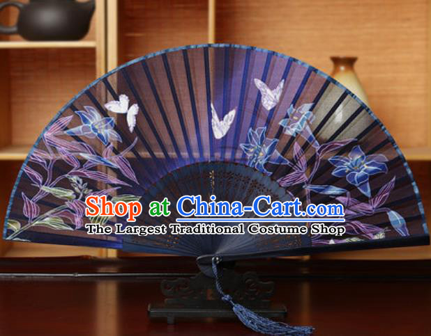 Handmade Chinese Printing Tuberose Purple Silk Fan Traditional Classical Dance Accordion Fans Folding Fan