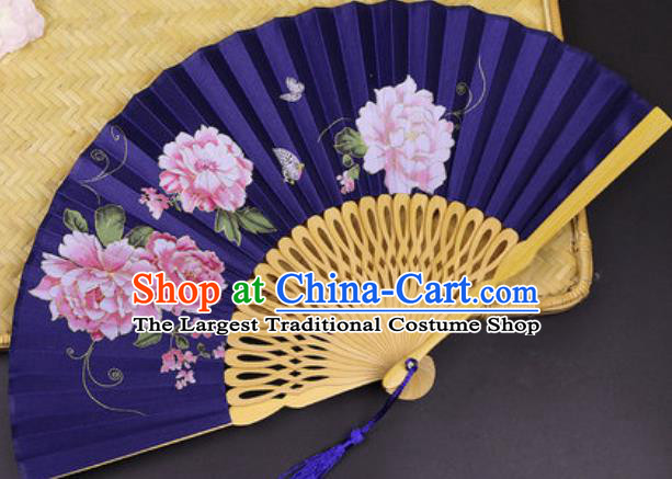 Handmade Chinese Printing Peony Royalblue Silk Fan Traditional Classical Dance Accordion Fans Folding Fan