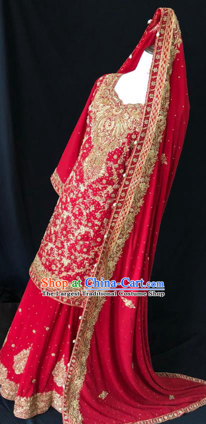 Indian Traditional Wedding Red Embroidered Beads Lehenga Dress Asian Hui Nationality Bride Costume for Women