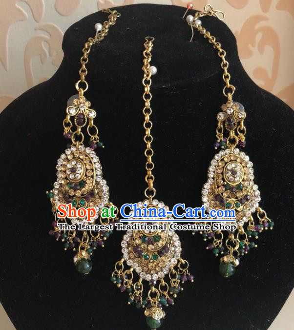 Traditional Indian Wedding Bride Beads Tassel Eyebrows Pendant and Earrings Asian India Headwear Jewelry Accessories for Women