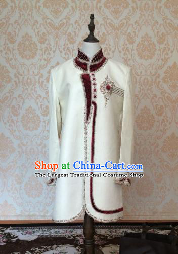 Indian Traditional Court Wedding Embroidered White Satin Coat Asian Hui Nationality Bridegroom Costume for Men