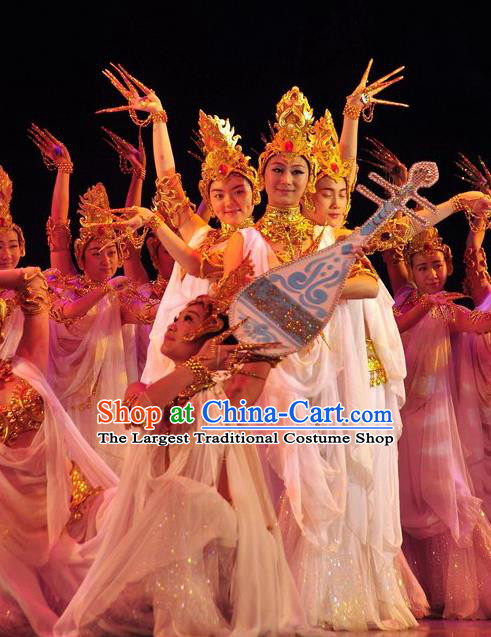 Chinese Traditional Dance Si Lu Hua Yu White Dress Classical Dance Flying Apsaras Stage Performance Costume for Women