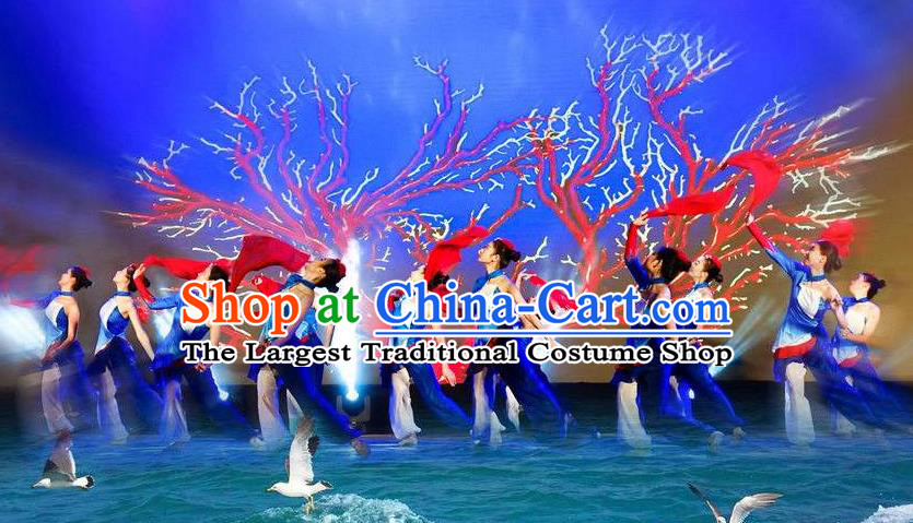 Chinese Stage Performance Red Coral Folk Dance Blue Dress Traditional Fan Dance Costume for Women
