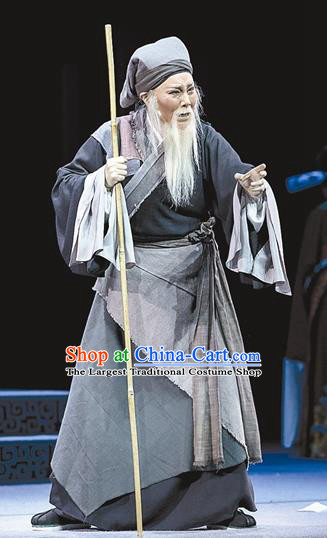 Chinese Yue Opera Poor Old Man Apparels and Headwear Breeze Pavilion Shaoxing Opera Elderly Male Zhang Yuanxiu Garment Costumes