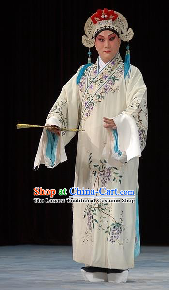 Chinese Beijing Opera Scholar White Robe Garment and Headwear Pick Up the Jade Bracelet Shaoxing Opera Xiaosheng Fu Peng Apparels Costumes