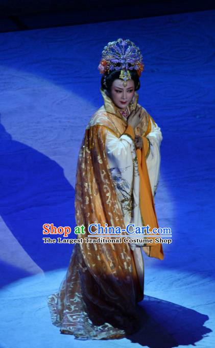 Chinese Shaoxing Opera Noble Queen Garment Costumes and Headdress Palm Civet for Prince Yue Opera Hua Tan Empress Dress Apparels