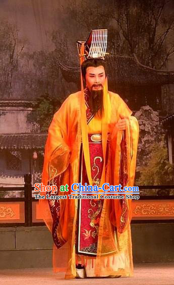 Chinese Yue Opera Emperor Elderly Male Garment Costumes and Headwear Shaoxing Opera Han Wen Empress Apparels