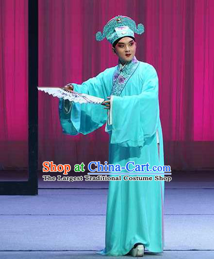 Chinese Beijing Opera Young Male Blue Robe Garment and Hat Pick Up the Jade Bracelet Shaoxing Opera Xiaosheng Fu Peng Scholar Apparels Costumes